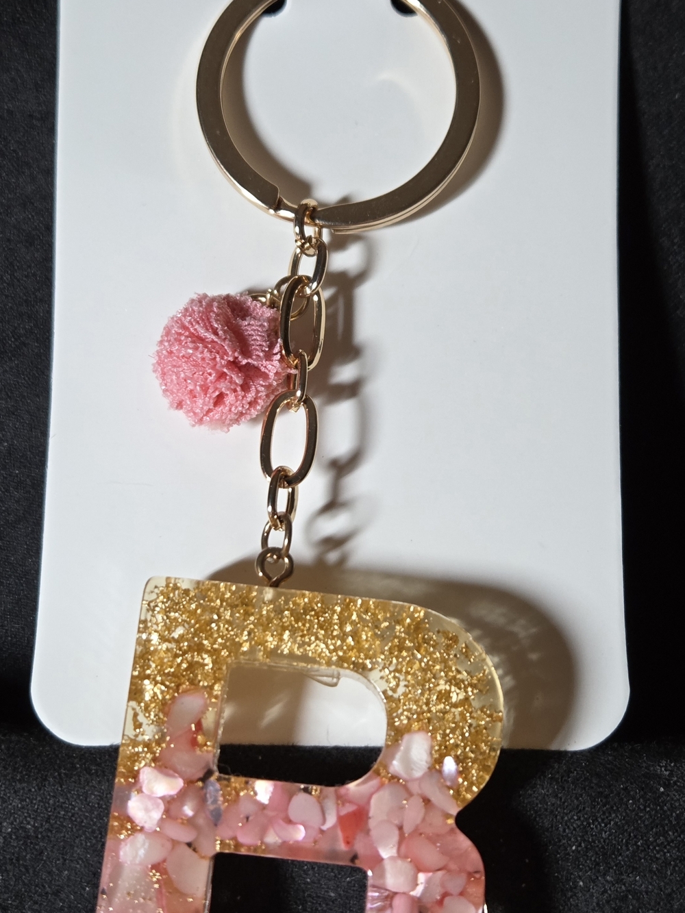 Gold & Pink 'R' Resin Letter Keychain with Pom Pom